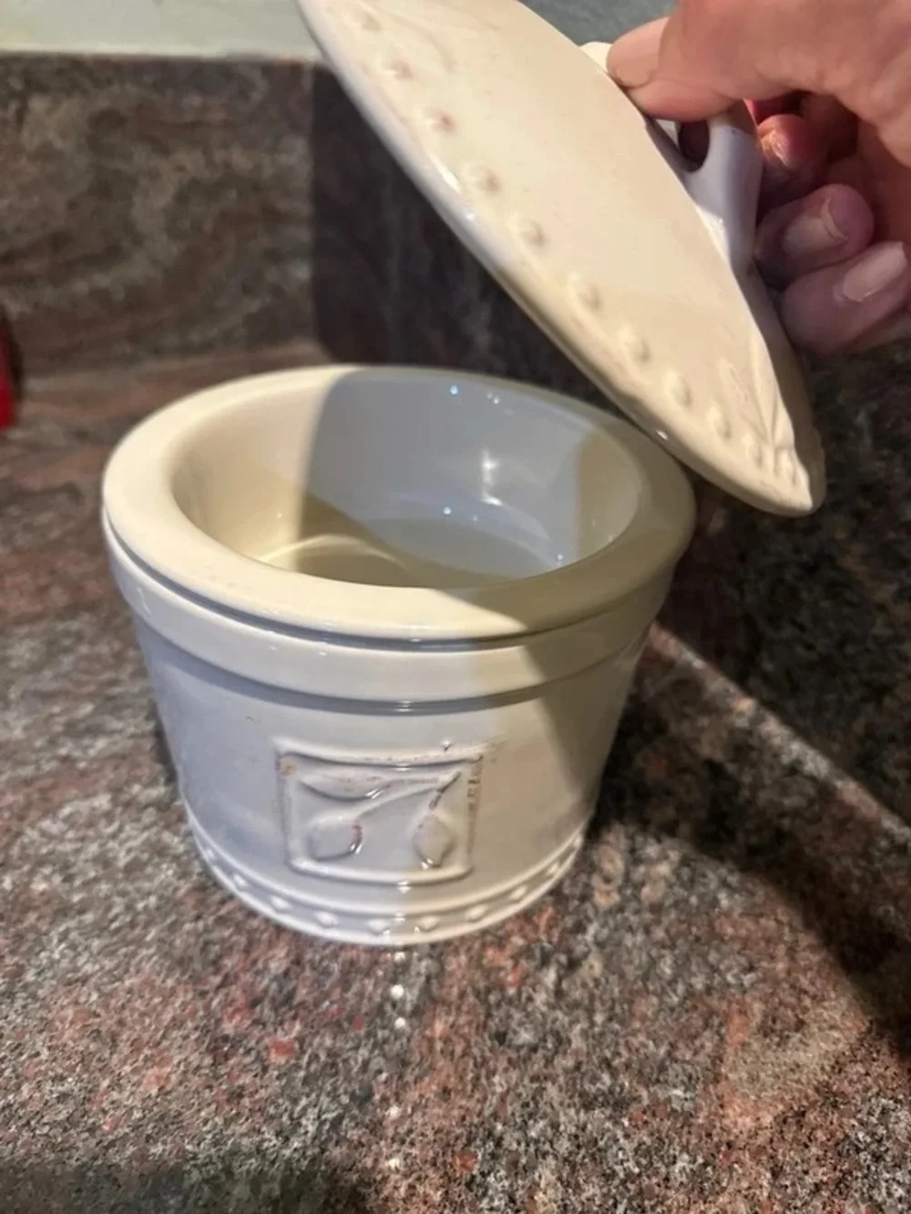 Cream Ceramic Lidded Canister with Leaf Motif